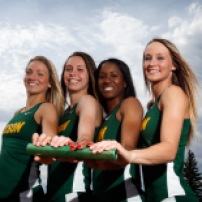 North Dakota State University 1,600-meter relay team, from left, Paige Stratioti, Morgan Milbrath, Antoinette Goodman and Ashley Tingelstad, will be heading to the NCAA Outdoor Track and Field Championships. Carrie Snyder / The Forum