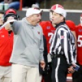 Youngstown State head coach Bo Pelini yells at a referee over a call during the Saturday, November 14, 2015 game against North Dakota State University at Stambaugh Stadium in Youngstown, Ohio. Carrie Snyder / The Forum