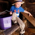 Henry McMullen-Wendt, 5, of Fargo, N.D. holds onto his pail of food while going to stairs in the barn to feed the animals during the Little Farmers Day Camp on Saturday, June 21, 2014 in Davenport, N.D. Carrie Snyder / The Forum