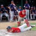 Casselton’s Jacob Roesler is tagged out at home by Wahpeton’s Spencer Edwardson during the North Dakota American Legion Class A state tournament in Wahpeton, N.D. on Thursday, July 31, 2014. Carrie Snyder / The Forum