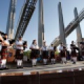 The Heather and Thistle Bag Pipe Band played during the September 11 Remembrance Ceremony on the Veterans Memorial Bridge on Sunday, September 11, 2011. Carrie Snyder / The Forum