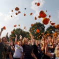 Hundreds of beanies are thrown in the air during the Concordia College beanie toss on Olin Hill after the Opening Convocation ceremony on Thursday, September 01, 2011 in Moorhead, Minn. Carrie Snyder / The Forum