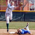 North Dakota State University’ Sam Holien leaps to catch the ball as IPFW’s Larissa Franklin steals second base during the Friday, March 30, 2012 softball game at the Ellig Sports Complex in Fargo, N.D. Carrie Snyder / The Forum