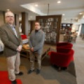 Chris Gaylord and Harsh Gubta show off the lobby of the new Four Points by Sheraton in Fargo, N.D. Carrie Snyder / The Forum